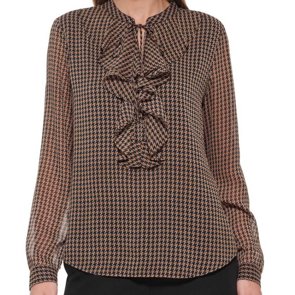 Tommy Hilfiger Brown Houndstooth Ruffle Tie Neck Long Sleeve Blouse size Large
